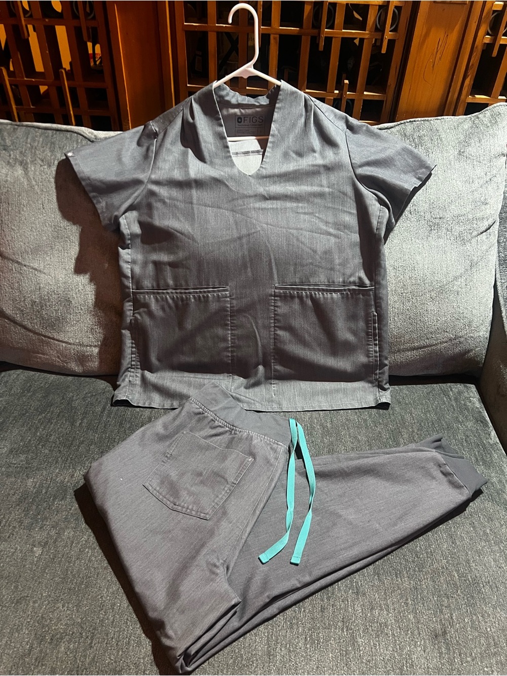 Figs Women's Gray Track Jogger Scrub Set with Teal Drawstring